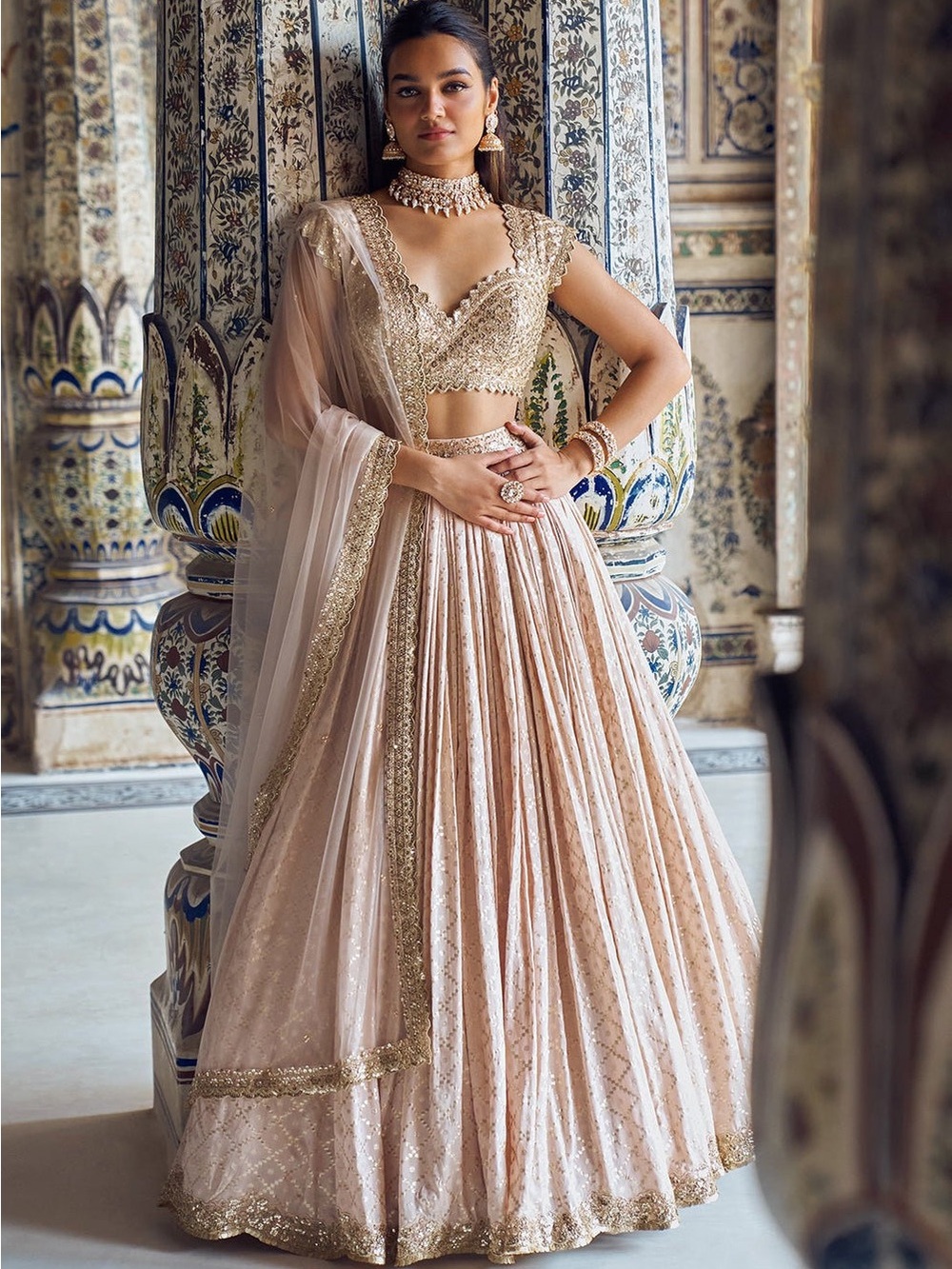 Elegant Blush Gold Embellished Lehenga for Women